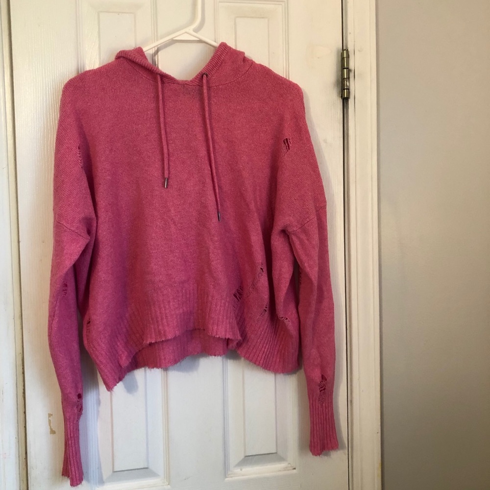 Pink Hooded Distressed Sweater
